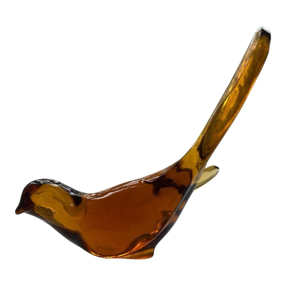 Murano Amber Art Glass Bird‎ Figurine Long Tail Mid Century Italy
